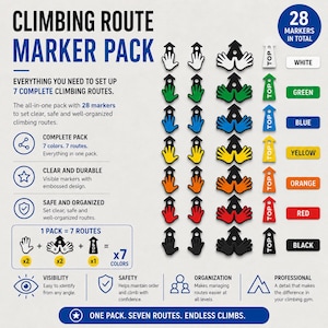 Puede incluir: Paquete de marcadores de ruta de escalada con 28 marcadores en total. Incluye marcadores blancos, verdes, azules, amarillos, naranjas, rojos y negros. El paquete incluye todo lo necesario para configurar 7 rutas de escalada completas.
