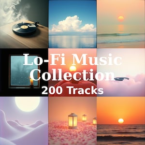 Puede incluir: Un collage de imágenes con el tema Lo-Fi Music Collection. Las imágenes incluyen un tocadiscos, un paisaje marino, una puesta de sol, una ventana con lluvia, una calabaza, un disco flotando en las nubes y linternas.
