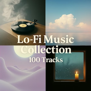Può includere: Immagine in quattro parti con un giradischi con fumo, un cielo sereno con nuvole, un paesaggio surreale con una luna e una finestra con una candela accesa. Il testo recita "Lo-Fi Music Collection" e "100 Tracks".