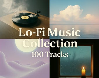 Puede incluir: Imagen de cuatro paneles con un tocadiscos con humo, un cielo sereno con nubes, un paisaje surrealista con una luna y una ventana con una vela encendida. El texto dice "Lo-Fi Music Collection" y "100 Tracks".