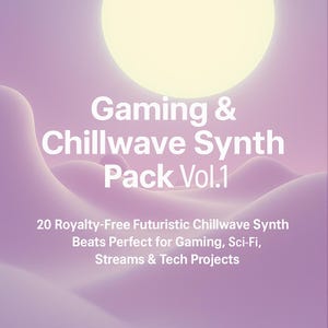 May include: A digital graphic with a gradient purple background and a large yellow circle in the upper right corner. The text "Gaming & Chillwave Synth Pack Vol.1" is displayed in white. Below, it reads "20 Royalty-Free Futuristic Chillwave Synth Beats Perfect for Gaming, Sci-Fi, Streams & Tech Projects."