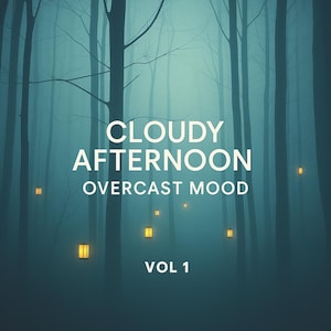 Puede incluir: Ilustración digital de un bosque brumoso con árboles altos y desnudos. El texto blanco dice "Cloudy Afternoon Overcast Mood Vol 1". Pequeños rectángulos brillantes están dispersos por la escena, agregando puntos de luz.