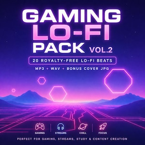 May include: A digital graphic for a "Gaming Lo-Fi Pack Vol. 2". The design features neon pink and purple hues with geometric shapes and a futuristic landscape. Text includes "20 Royalty-Free Lo-Fi Beats" and icons for gaming, streams, chill, and focus.