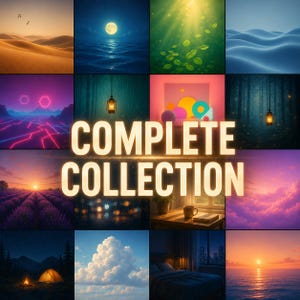 May include: A grid of twelve images, each depicting a different scene. The scenes include a desert, ocean with a full moon, sunlit leaves, rolling hills, a neon cityscape, a lantern in a forest, and a sunset over water. The text "COMPLETE COLLECTION" is in the center.