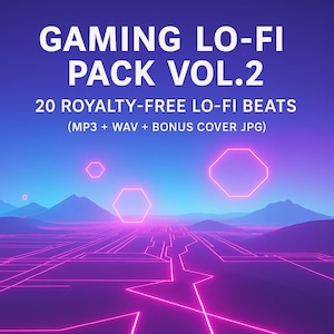 Puede incluir: Una imagen de arte digital con un fondo degradado púrpura y azul. El texto "GAMING LO-FI PACK VOL.2" está en la parte superior. Debajo, se lee "20 ROYALTY-FREE LO-FI BEATS (MP3 + WAV + BONUS COVER JPG)". Formas y líneas geométricas de color rosa neón en primer plano.