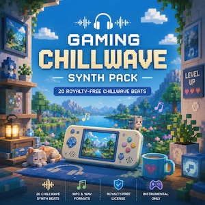 Può includere: Immagine di arte digitale che promuove un "Gaming Chillwave Synth Pack". L'immagine presenta un'estetica pixelata con una console di gioco portatile, una tazza con un cuore e un gatto che dorme. Il testo include "20 Royalty-Free Chillwave Beats."