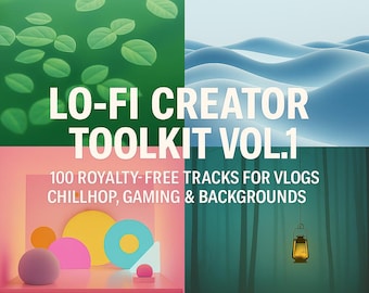 Puede incluir: Gráfico de cuatro paneles con el texto "LO-FI CREATOR TOOLKIT VOL.1" y "100 ROYALTY-FREE TRACKS FOR VLOGS CHILLHOP, GAMING & BACKGROUNDS." Los paneles presentan diseños abstractos, incluyendo hojas, olas y una linterna.