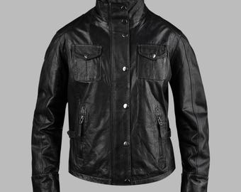 Giacca da motociclista in vera pelle nera stile anni '30