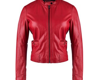 Red Classsic Biker Leather Jacket For Womens