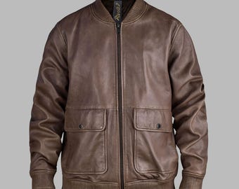 Brown Cowhide Leather Bomber Jacket: Men's Classic Style