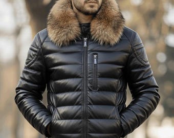 Black Leather Puffer Jacket with real fox fur Collar - Winter Leather Coat