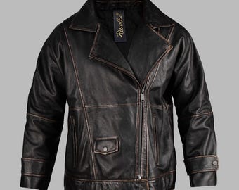 Mens Dark Brown Distressed Cowhide Leather Biker Jacket