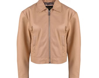 Beige Women Classic Biker Leather Jacket