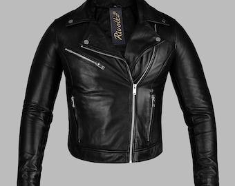 Chaqueta de moto de cuero negro para hombre: cuero auténtico hecho a mano