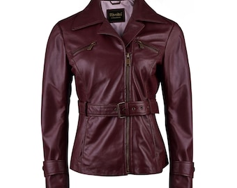 Burgundy  Long Fashion Leather Jacket For Womens