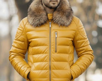 フォックスファーカラーのホワイトレザージャケット - メンズ