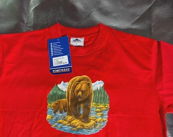 100% cotton bear in nature tee : red with blue green white brown black graphic top