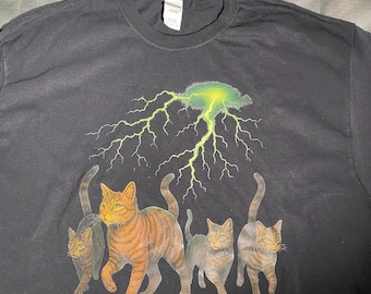 cats lightning 100% cotton t shirt : black with green brown funny graphic