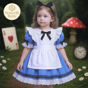 Toddler Alice in Wonderland Baby Lace Dress – Blue Cotton Princess Outfit for Birthday Tea Party or Fairytale Photo Shoot Halloween Costume