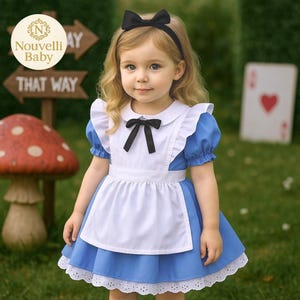 Alice in Wonderland Kids Dress for Birthday Girls Fairytale Premium Costume for Photo Shoot and Halloween Handmade Outfit on Holiday Party