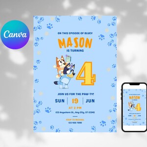 Convite de Aniversário Bluey: Modelo Editável para Festa (Modelo Canva)