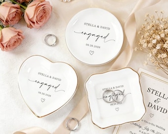 Personalized Engagement Ring Dish, Custom Wedding Gift for Couple, Bridal Shower Gift for Bride, Name & Date Ceramic Jewelry Holder