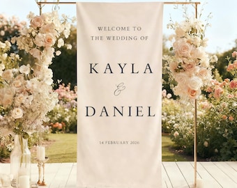 Fabric Wedding Welcome Sign – Modern Linen Banner with Ribbons and Stand