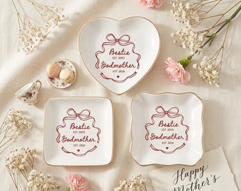 Personalized Engagement Ring Dish, Personalized Godmother Ring Dish, Bestie Godmother Gift Date Ceramic Jewelry Holder