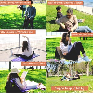 Puede incluir: Una silla plegable negra con un coj&iacute;n morado. La silla se muestra en diferentes posiciones, incluyendo plegada, desplegada y siendo utilizada por personas en un parque. La silla tiene dos bolsillos, uno con cremallera y otro abierto. La silla es resistente al agua y soporta hasta 120 kg. El texto "Easy to Carry by Hand or Shoulder", "Dual Pockets: Zippered & Open", "Fully Unfolds for Versatile Use", "Double-Layer Foam Support", "Water-Resistant Fabric", y "Supports up to 120 kg" es visible en la imagen.