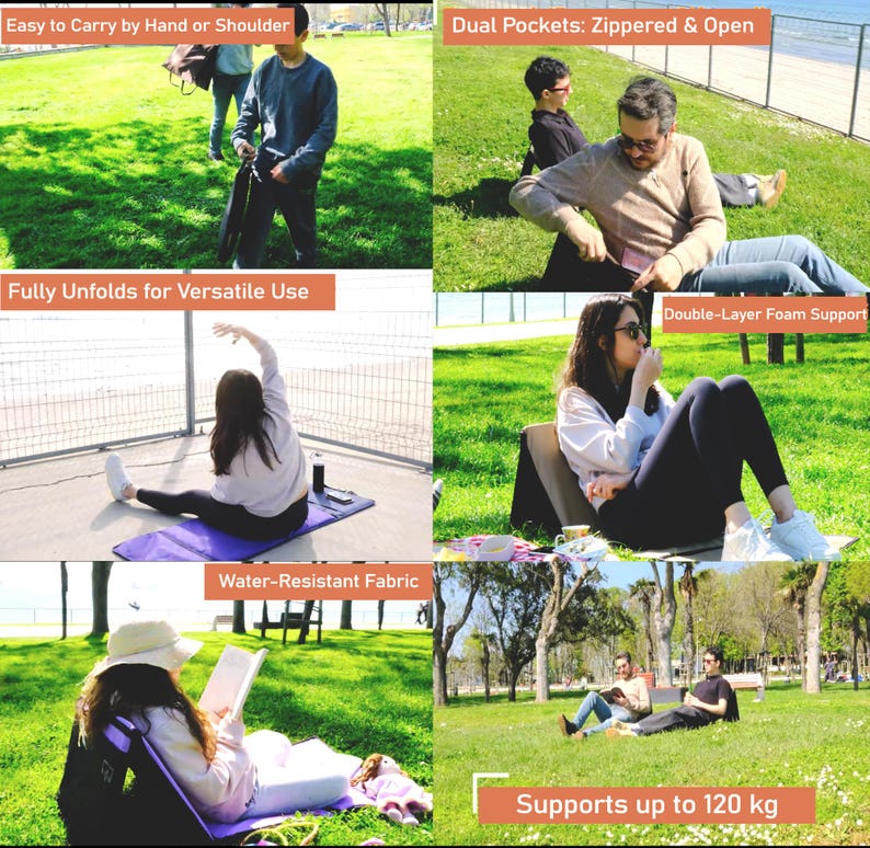 Puede incluir: Una silla plegable negra con un coj&iacute;n morado. La silla se muestra en diferentes posiciones, incluyendo plegada, desplegada y siendo utilizada por personas en un parque. La silla tiene dos bolsillos, uno con cremallera y otro abierto. La silla es resistente al agua y soporta hasta 120 kg. El texto "Easy to Carry by Hand or Shoulder", "Dual Pockets: Zippered & Open", "Fully Unfolds for Versatile Use", "Double-Layer Foam Support", "Water-Resistant Fabric", y "Supports up to 120 kg" es visible en la imagen.
