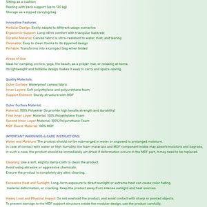 Puede incluir: TayaMat es una estera port&aacute;til, plegable y modular dise&ntilde;ada para la comodidad mientras se acampa, se hace un picnic o se relaja en casa. Cuenta con una capa exterior de lona impermeable, capas interiores de espuma de polietileno y poliuretano suaves y una estructura de soporte de MDF resistente. La estera es ideal para usar como asiento, respaldo o estera.