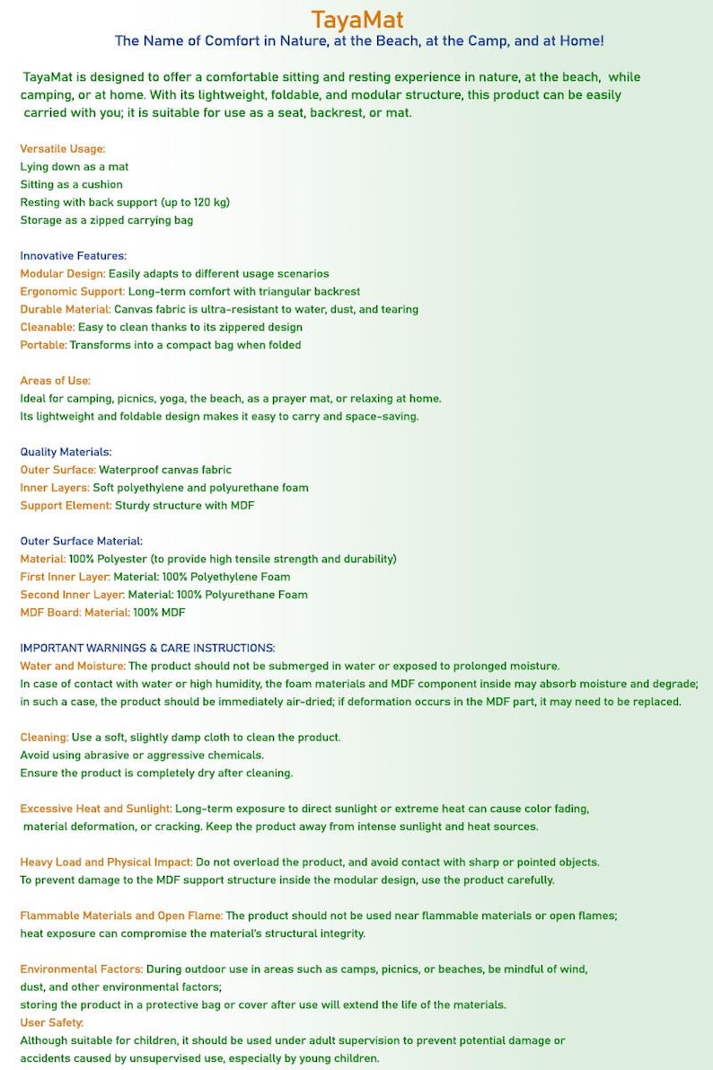 Puede incluir: TayaMat es una estera port&aacute;til, plegable y modular dise&ntilde;ada para la comodidad mientras se acampa, se hace un picnic o se relaja en casa. Cuenta con una capa exterior de lona impermeable, capas interiores de espuma de polietileno y poliuretano suaves y una estructura de soporte de MDF resistente. La estera es ideal para usar como asiento, respaldo o estera.