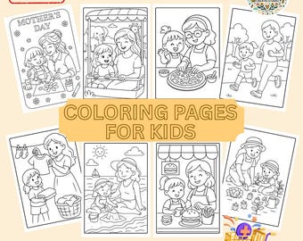 Pode incluir: Um conjunto de páginas para colorir em preto e branco para crianças, apresentando cenas de mães e filhos em várias atividades. O texto "COLORING PAGES FOR KIDS" é exibido, juntamente com "20 A4 PRINTARLE SHEETS". Há também um ícone de carrinho de compras.