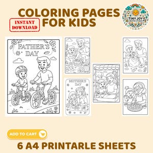 Coloriages pour la fête des pères et des mères pour enfants, 6 feuilles A4 imprimables, 300 ppp, PDF et PNG