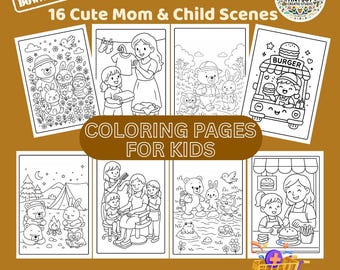Mother's Day Coloring Pages for Kids, Mom and Child Scenes (PDF & PNG)