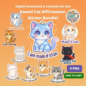 Adesivos de Afirmação de Gato Chibi Kawaii – 9 PNGs, Pastel, Citações Fofas, POD, Diário, Arte de Parede
