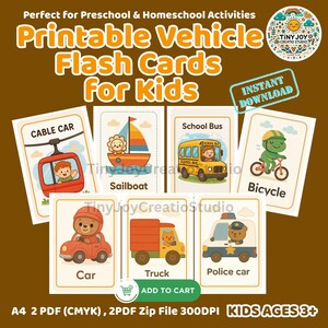 Cartes imprimables flash de véhicule pour le transport d'enfants affiche A4 20 cartes d'apprentissage mignonnes ressource pour l'école à la maison préscolaire 300 DPI PDF + PNG