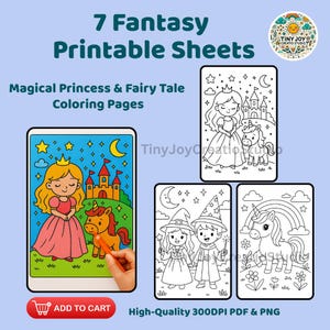 Princess Fairy Tale Coloring Pages: Fantasy Printable Sheets (A4 PDF & PNG Download