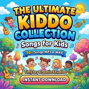Può includere: Un'immagine digitale colorata per canzoni per bambini. Il titolo "The Ultimate Kiddo Collection" è visualizzato in lettere grandi e in grassetto. L'immagine presenta bambini dei cartoni animati, note musicali, strumenti e il testo "Songs for Kids" e "50+ Songs MP3 & WAV".