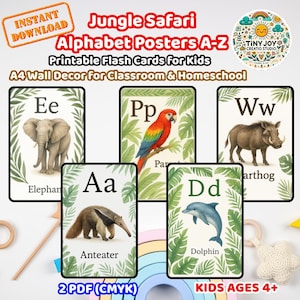 Cartes flash imprimables pour enfants A4, affiches de l'alphabet safari dans la jungle de A à Z, décoration murale pour la classe et l'école à la maison
