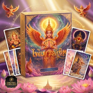 May include: A box set of "Deva Likhit" tarot cards. The box features a woman with golden wings and a radiant halo. Several tarot cards are displayed, showcasing detailed illustrations. The set includes a digital download.