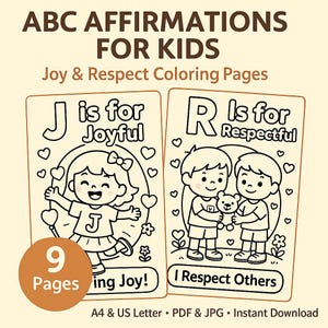 ABC Affirmationen Malvorlagen J–R | Positive Vorschulfärbung | Güte, Freude, Respekt | A4 + US Letter | PDF und JPGs