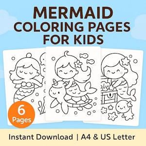 Dibujos para colorear de sirenas mágicas para niños – PDF imprimible kawaii para preescolar y niños pequeños – 6 páginas adorables, tamaño A4 + carta (EE. UU.) – Descarga instantánea