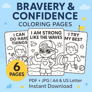 Tapferkeit Affirmation für Kinder - Ausmalbilder für Kinder - Sommer Abenteuer Printables, Wachstums-Mindset-Aktivitäten - PDF + JPG A4 und US Letter
