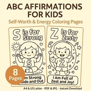ABC Affirmationen für Kinder – Selbstwert & Energie S–Z Ausmalbilder | PDF + JPGs | A4 + US Letter | Sofort Download