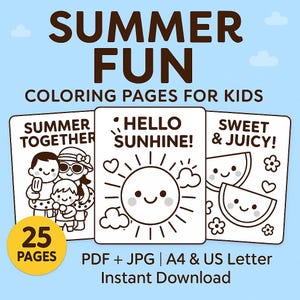 Dibujos para colorear de verano para niños: 25 adorables actividades kawaii de verano (tamaño A4 y carta) - Libro para colorear imprimible - Descarga digital