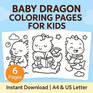 Dibujos para colorear de bebés dragón para niños – Arte imprimible kawaii para bebés – 6 páginas adorables, tamaño A4 + carta (EE. UU.) – Descarga instantánea
