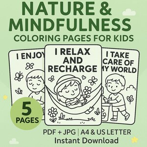 Nature & Mindfulness Coloring Pages for Kids | Printable Affirmation Pack (5 Pages) PDF JPG