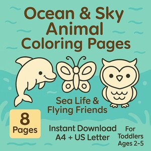 Ocean and Sky Animal Coloring Pages for Toddlers – 8 Sea Life and Flying Creatures | Preschool Summer Printable Bundle