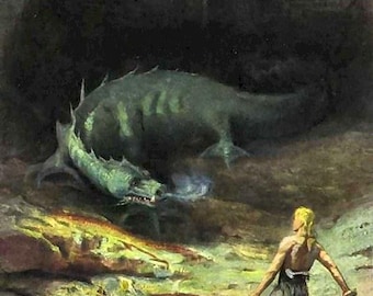 May include: A painting depicting a blonde figure standing in a rocky landscape, holding a sword and facing a large, dark green, reptilian creature with spikes along its back that is exhaling a plume of smoke from its mouth within a dark cavern.
